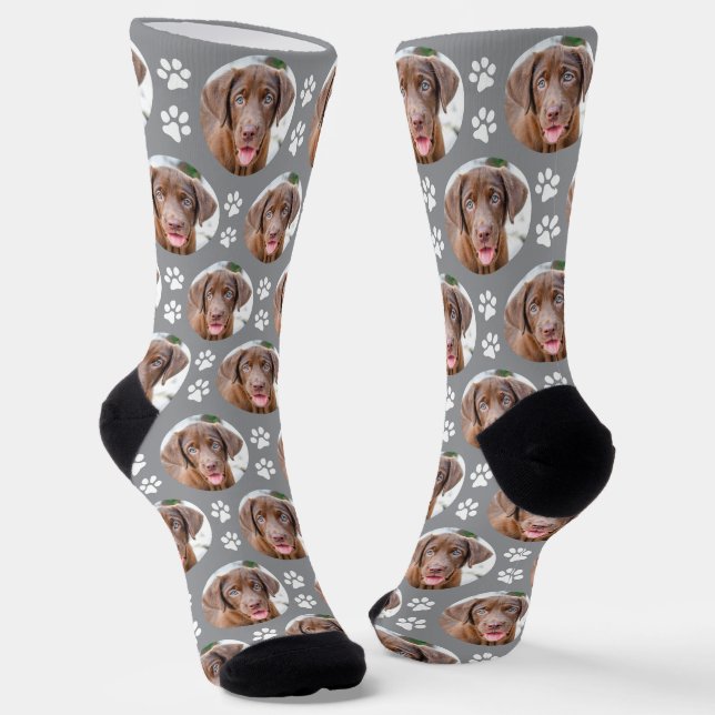 Fun Custom Dog Photo Gray Trendy Pet Paw Prints Socks (Angled)
