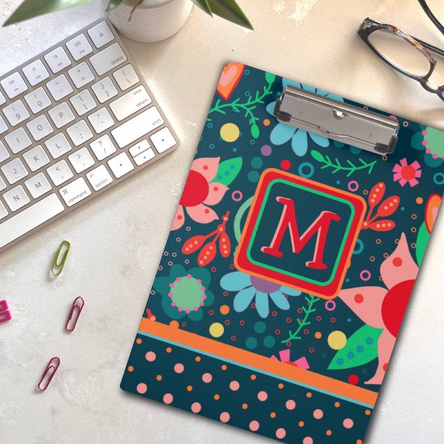 Fun Custom Flower Stripe Colorful Teacher Initial Clipboard (Creator Uploaded)