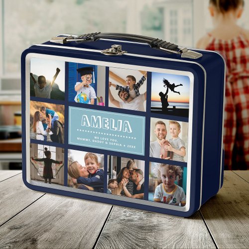 Fun Custom Kids Name Family Photo Collage Blue Metal Lunch Box