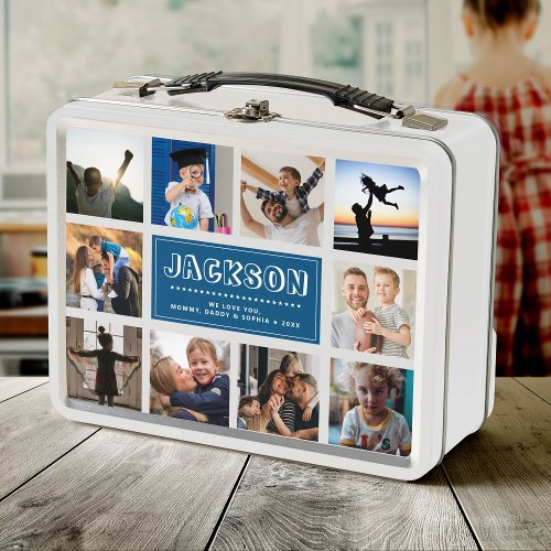 Fun Custom Kids Name Family Photo Collage Blue Metal Lunch Box