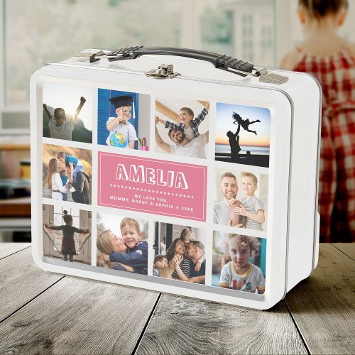 Fun Custom Kids Name Family Photo Collage Pink Metal Lunch Box