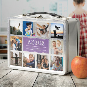 Fun Custom Kids Name Family Photo Collage Purple Metal Lunch Box
