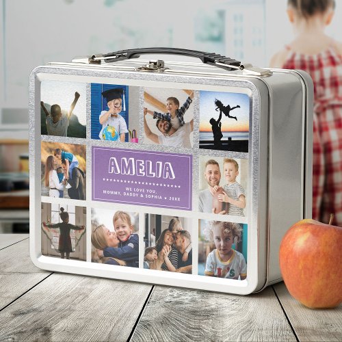 Fun Custom Kids Name Family Photo Collage Purple Metal Lunch Box