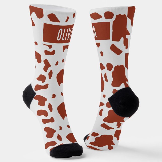 Fun Custom Name Ayrshire Cow Animal Print Pattern Socks (Angled)