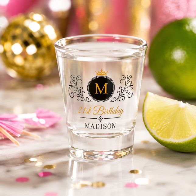 Fun Custom Name Crown Crest Monogram Birthday Shot Glass (Creator Uploaded)