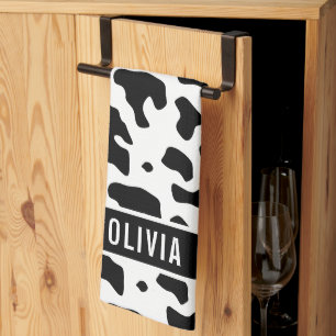 Fun Custom Name Holstein Cow Animal Print Pattern Kitchen Towel