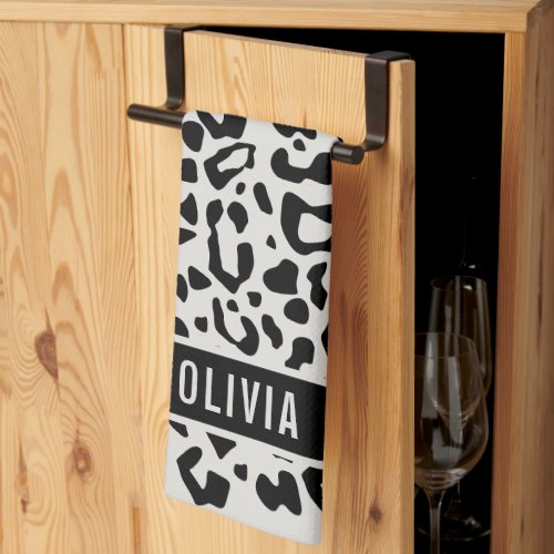 Fun Custom Name Snow Leopard Animal Print Pattern Kitchen Towel