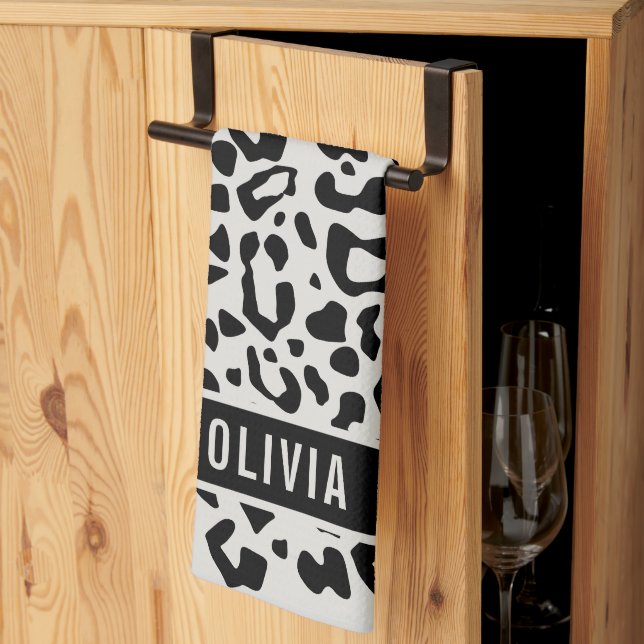 Fun Custom Name Snow Leopard Animal Print Pattern Kitchen Towel (Thirds Fold)