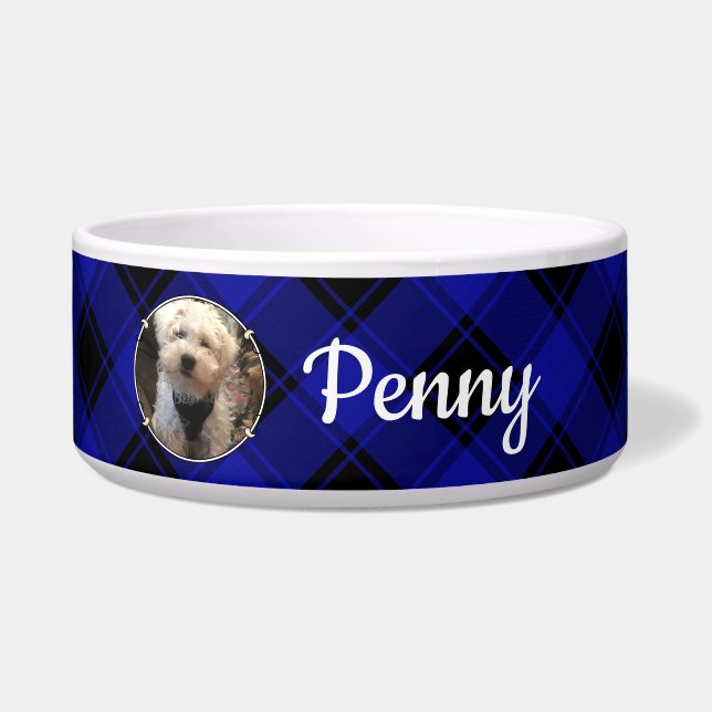 Fun Custom Pet Photo Frame Blue and Black Plaid Bowl (Front)