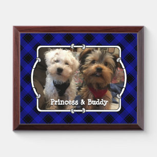 Fun Custom Pet Photo Frame Blue & Black Plaid Award Plaque