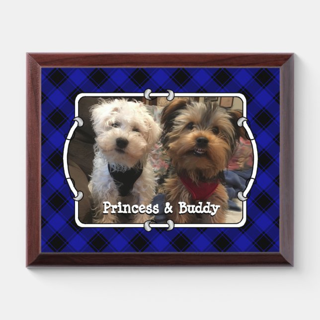 Fun Custom Pet Photo Frame Blue & Black Plaid Award Plaque (Horizontal)