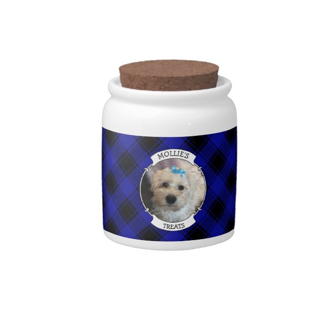 Fun Custom Pet Photo Frame Blue & Black Plaid Candy Jar (Front)