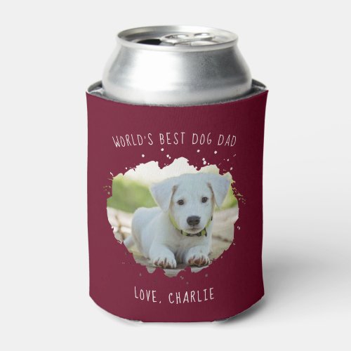 Fun Custom Pet Photo Splash Best Dog Dad Burgundy Can Cooler