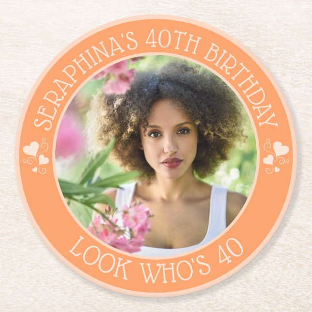 Fun Custom Photo 40th Birthday Party Favor Round Paper Coaster (Front)