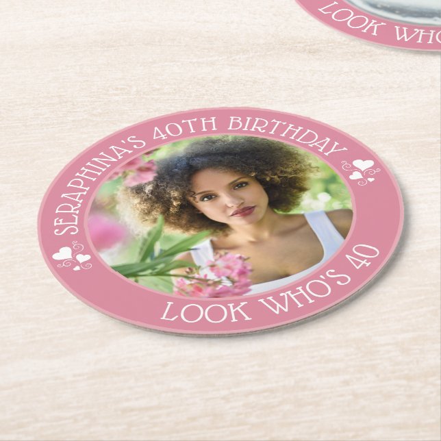 Fun Custom Photo 40th Birthday Party Favor Round Paper Coaster (Angled)