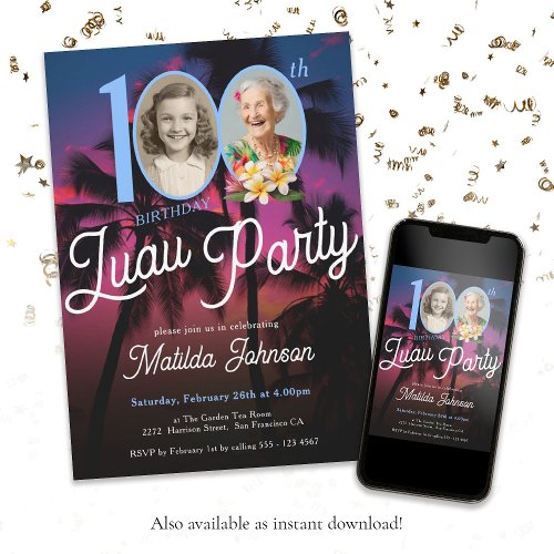 Fun Custom Photo Luau 100th Birthday Party Invitation