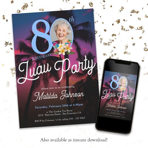 Fun Custom Photo Luau 80th Birthday Party  Invitation