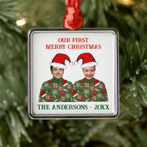 Fun Custom Photo Our First Christmas Ugly Sweater Metal Ornament