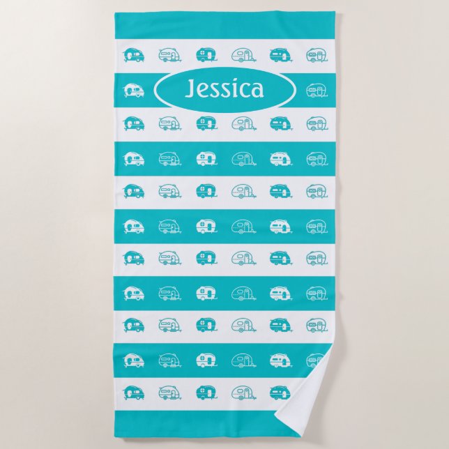 Fun Custom Retro Campers in Aqua and White Beach Towel (Front)