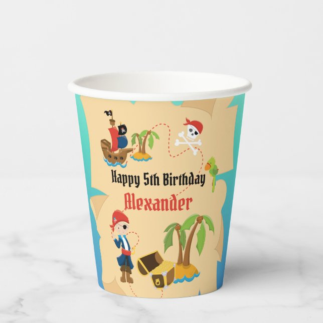 Fun Custom Treasure Map Boy Pirate Birthday Party Paper Cups (Front)