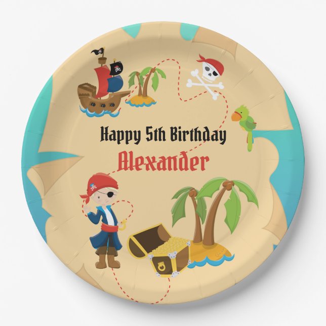 Fun Custom Treasure Map Boy Pirate Birthday Party Paper Plates (Front)