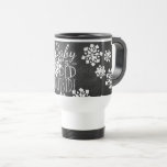 Fun Cute Baby Its Cold Outside Chalkboard Travel Mug<br><div class="desc">Beautiful contemporary "Baby Its Cold Outside" quote text written in typography on a black gray chalk board, with a background of white snowflakes design. Ornate, elegant, stylish and eclectic design for the fancy artistic interior designer, the artsy décor diva, popular hip trendsetter, vintage retro art style and abstract digital geometric...</div>