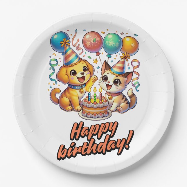 Fun & Cute Birthday Puppy & Kitten Party Paper Plates (Front)