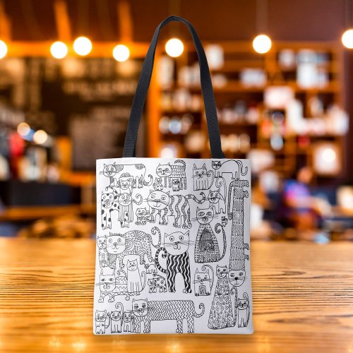 Fun Cute Black and White Cats Decorative Patterned Tote Bag