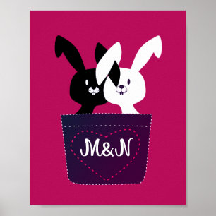 Fun Cute Black White Cartoon Bunny Couple Monogram Poster
