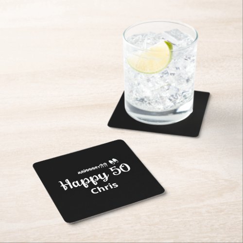 Fun Cute Black White Surprise 50th Birthday Party Square Paper Coaster