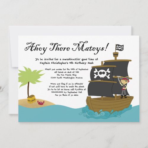 Fun cute boys pirate birthday party invitation