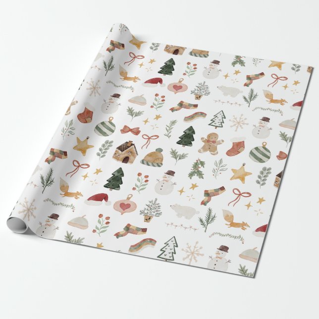 Fun Cute Christmas Watercolor Accents Gift Wrapping Paper (Unrolled)