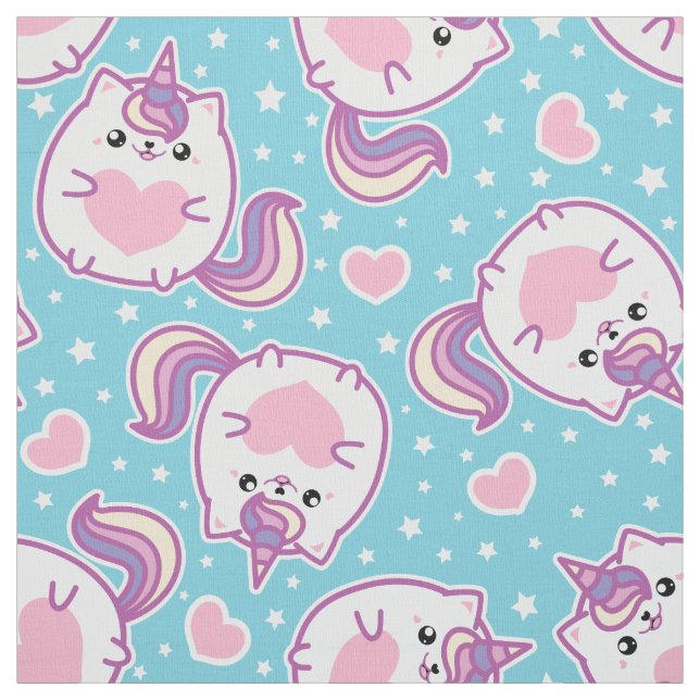 Fun Cute Chubby Kitschy Unicorn Kitty Fabric (Swatch)