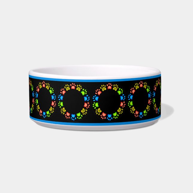 Fun Cute Colorful Dog Paw Circle Pattern Dog Bowl (Front)