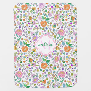 Fun Cute Colorful Floral Monogram Baby Girl Blanket