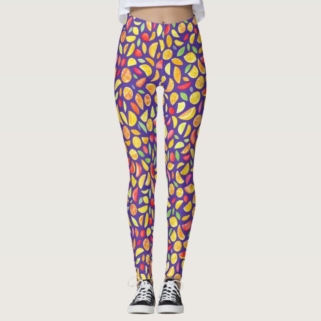 Fun Cute Colorful Fruit Slices Purple Watercolor Leggings (Front)