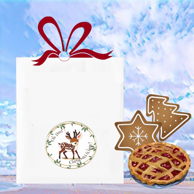 Fun Cute Deer Cartoon Green Wreath Christmas Kid's Classic Round Sticker (Fun Cute Deer Cartoon Green Wreath Christmas Kid's Classic Round Sticker)