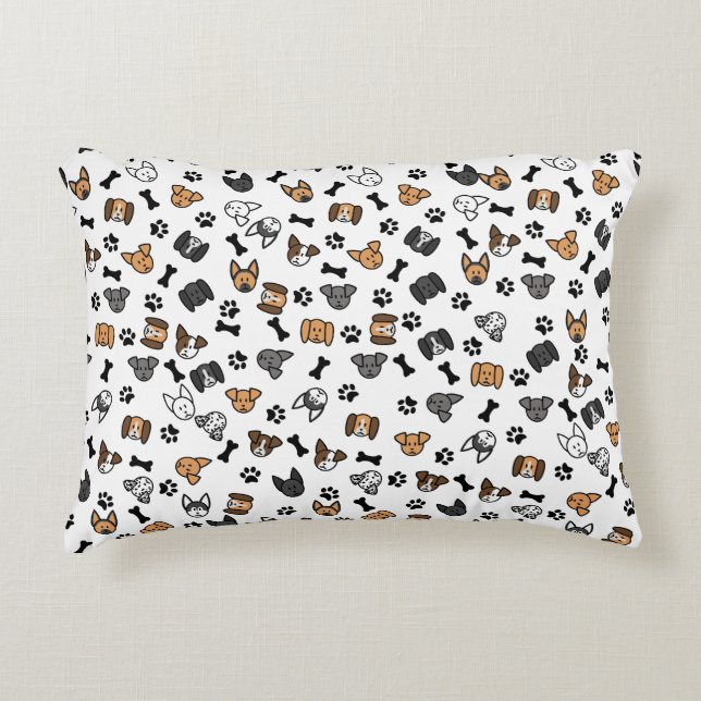 Fun Cute Dog Breeds with Bones and Paw Prints Accent Pillow (Front)