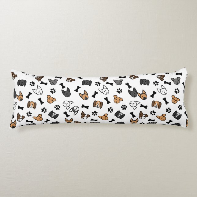 Fun Cute Dog Breeds with Bones and Paw Prints Body Pillow (Front)