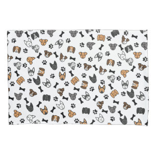 Fun Cute Dog Breeds with Bones and Paw Prints Pillow Case