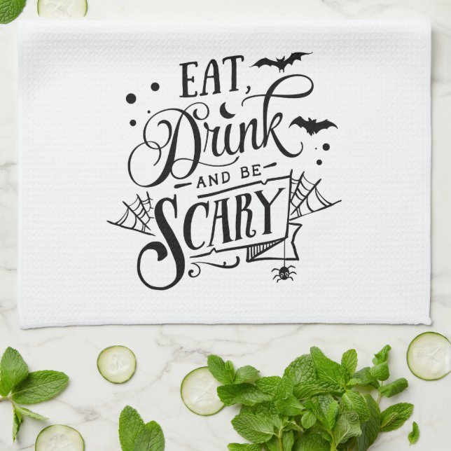 Fun Cute Eat Drink Be Scary Bat Halloween Kitchen Towel (Folded)