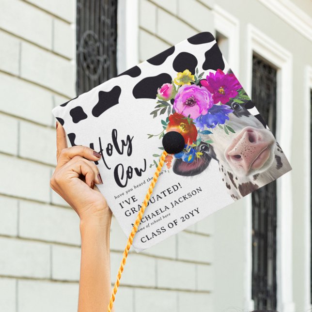 Fun Cute Floral 'Holy Cow' I've Graduated! Graduation Cap Topper (Creator Uploaded)