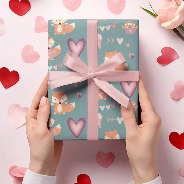Fun Cute Fox Hearts Valentine's Day Wrapping Paper (Creator Uploaded)