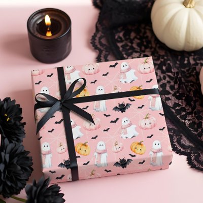 Fun Cute Ghost bat pumpkin &amp; Spider Web Halloween Wrapping Paper