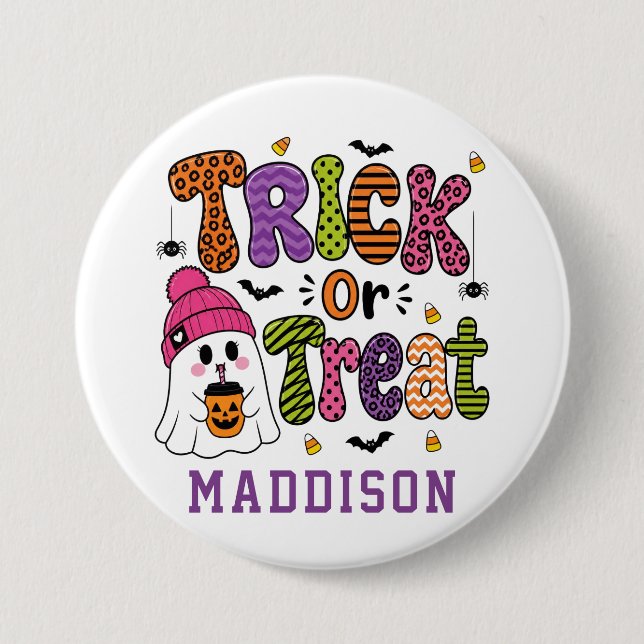 Fun Cute Ghost Custom Name Kids Halloween Button (Front)