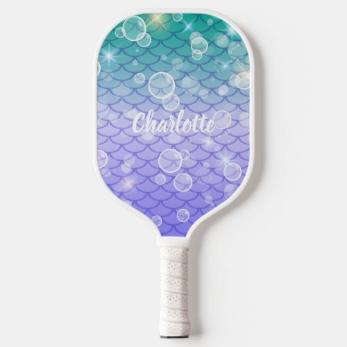 Fun Cute Girly Sparkling Mermaid Scales Bubbles Pickleball Paddle