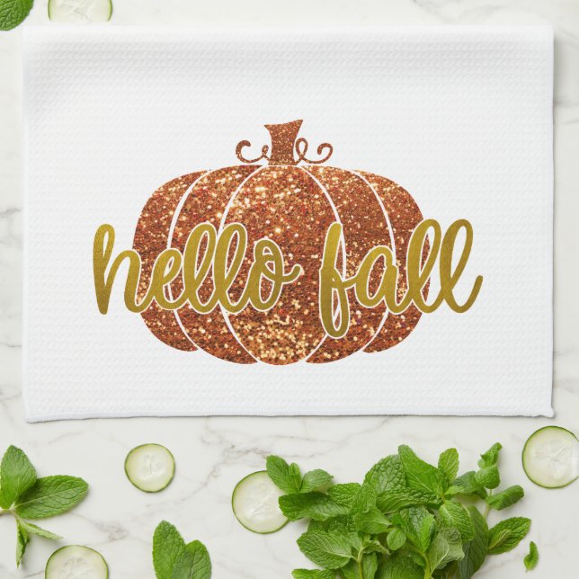 Fun Cute Gold Glitter Hello Fall Pumpkin Kitchen Towel (Folded)