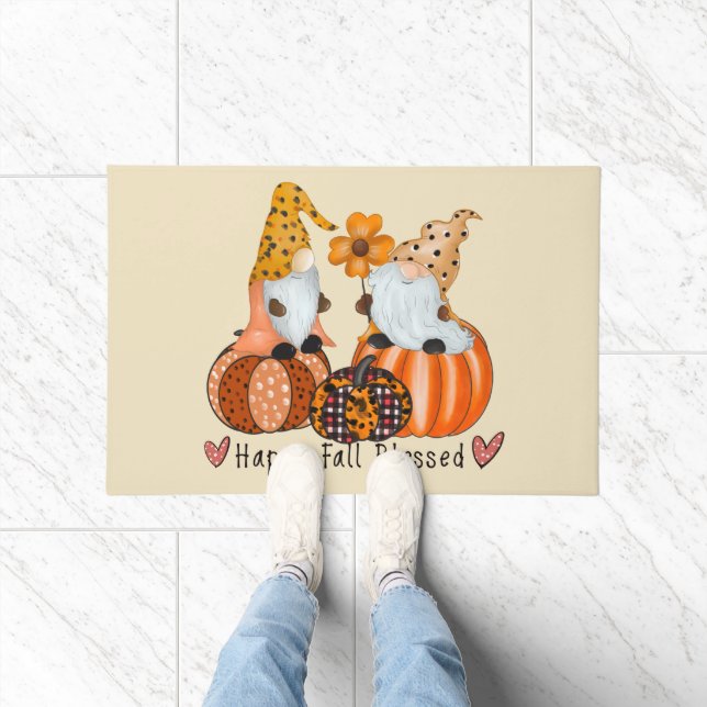 Fun Cute Happy Fall Blessed Gnomes Doormat (Indoor)