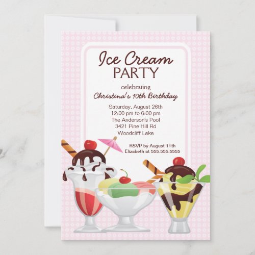 Fun Cute Ice Cream Sundae Birthday Party Invitation