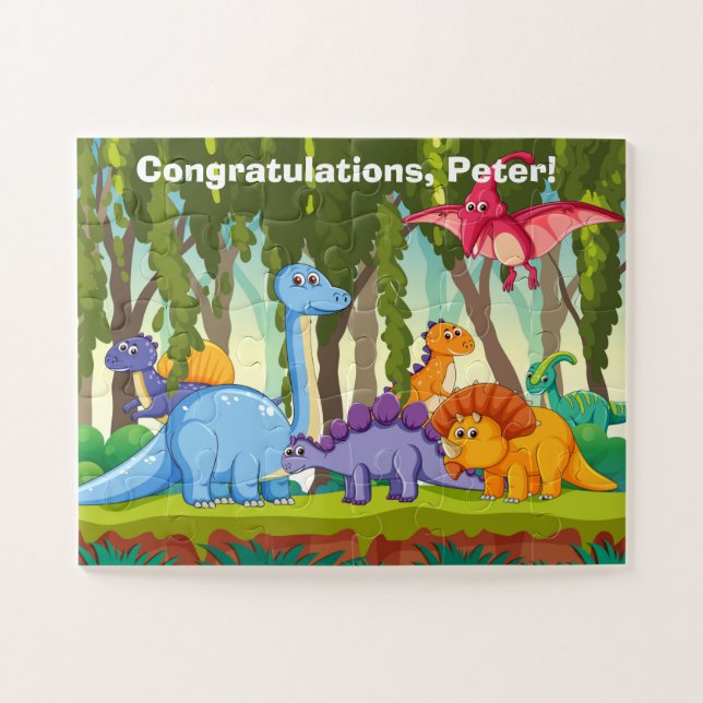 Fun cute illustration of dinosaurs in a jungle, jigsaw puzzle (Horizontal)